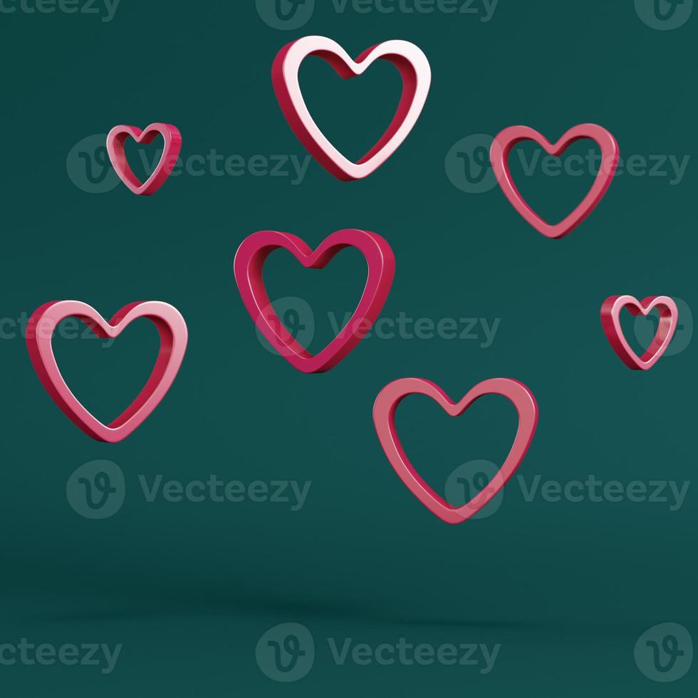 Red abstract heart shape on pedestal with circle frame on dark green background. Minimalism concept photo