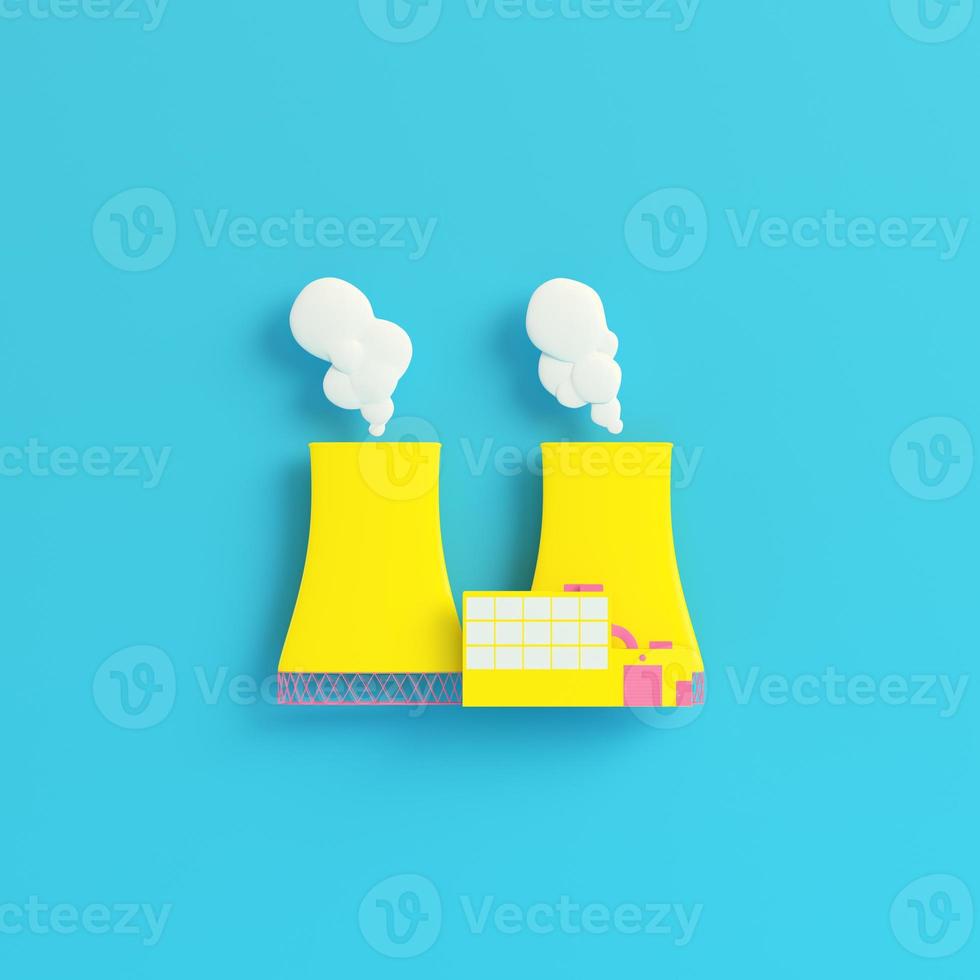 Yellow nuclear power plant on bright blue background in pastel colors. Minimalism concept photo