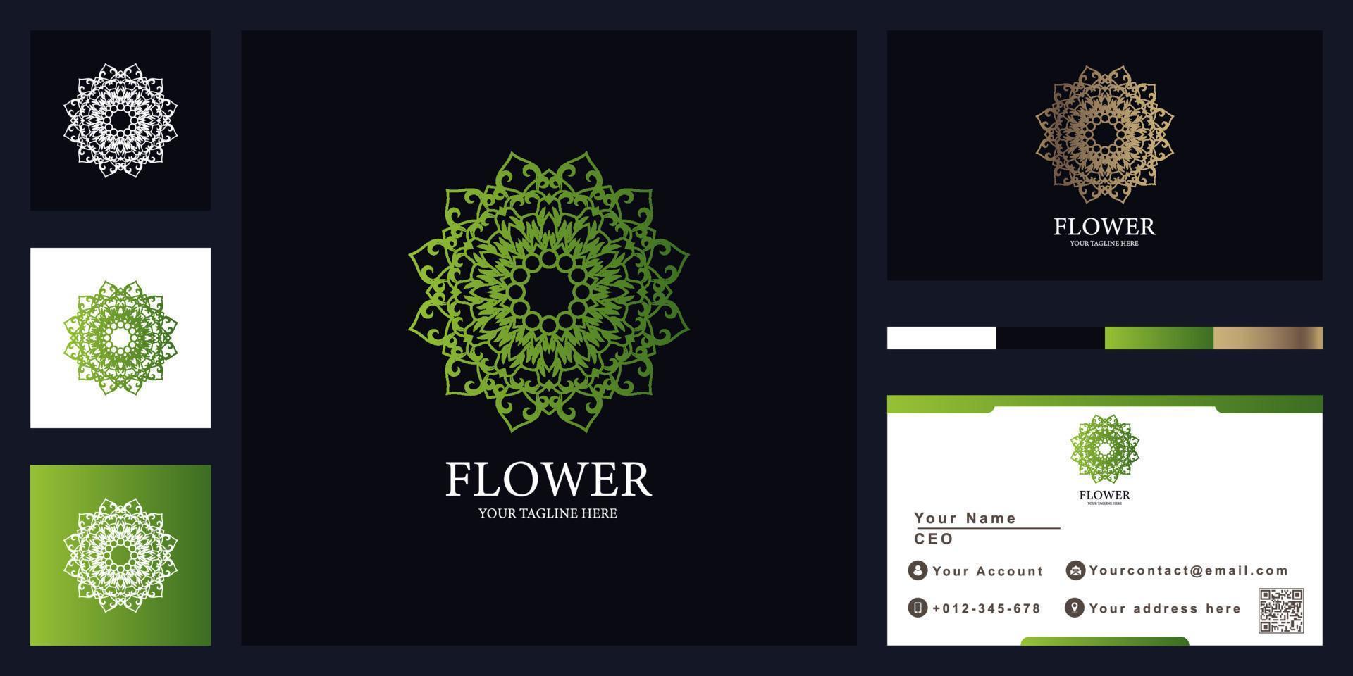 diseño de plantilla de logotipo de lujo de flor, mandala o adorno con tarjeta de visita. vector