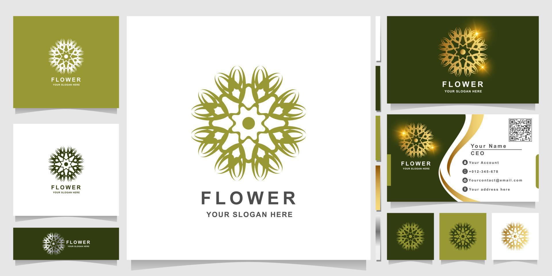 Minimalist elegant ornament flower logo template with business card design vector
