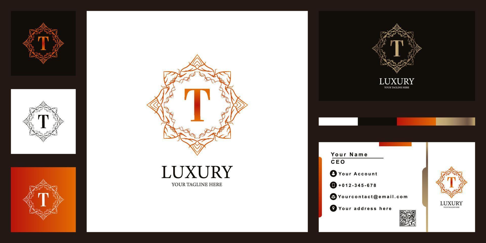 diseño de plantilla de logotipo de marco de flor de adorno de lujo de letra t con tarjeta de visita. vector