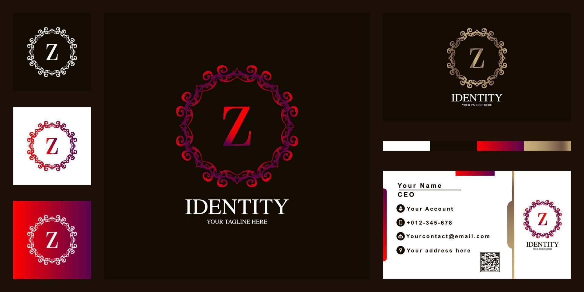 diseño de plantilla de logotipo de marco de flor de adorno de lujo de letra z con tarjeta de visita. vector