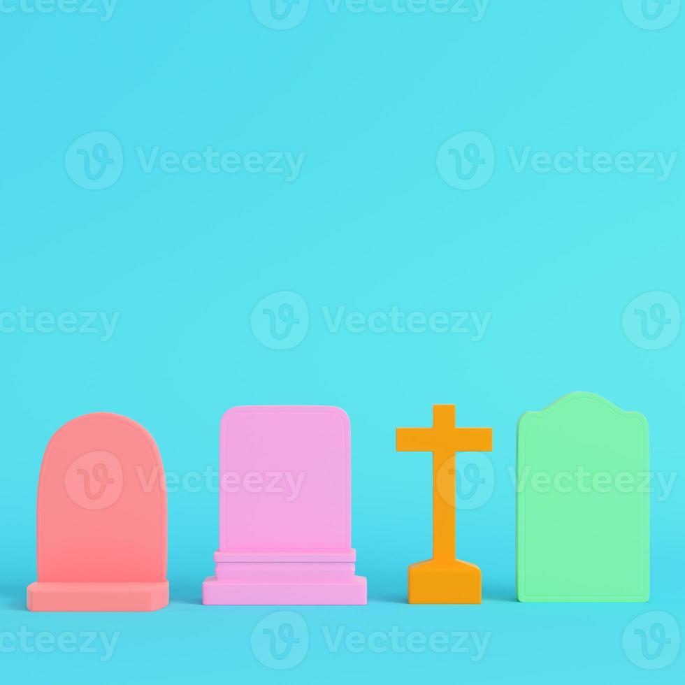 Colorful gravestones on bright blue background in pastel colors. Minimalism concept photo