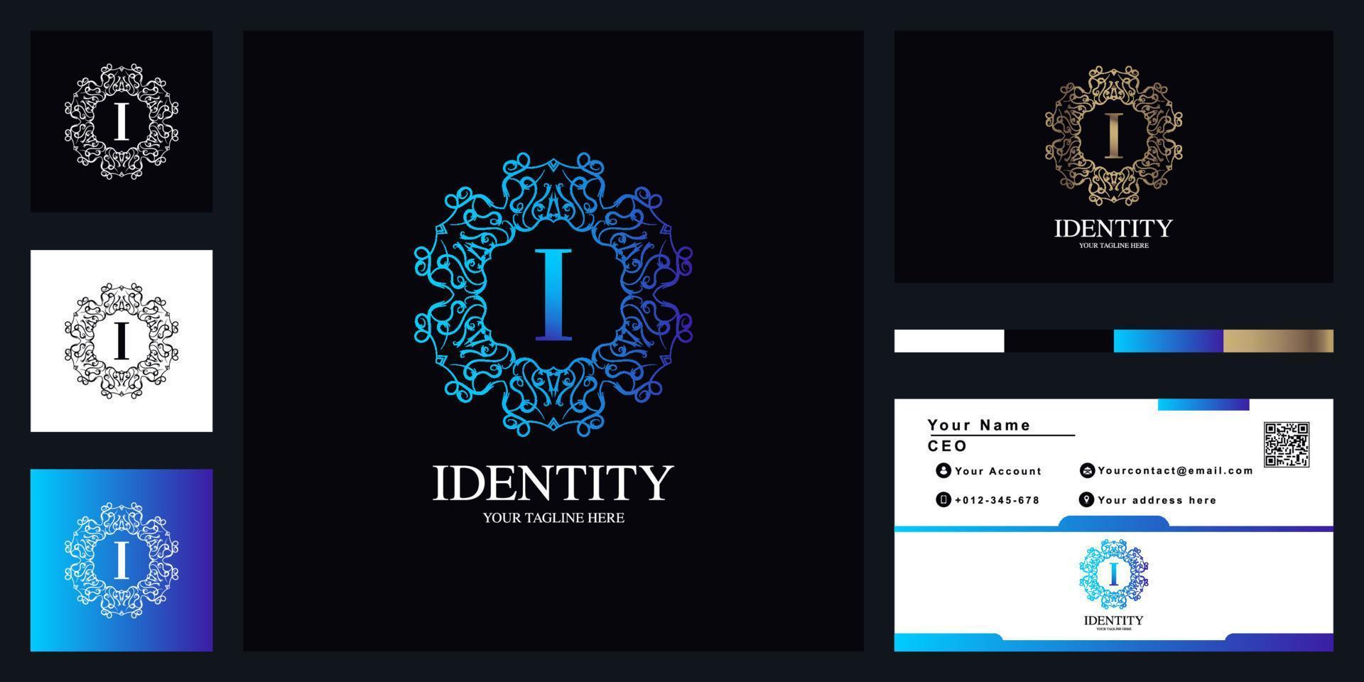Letter I luxury ornament flower frame logo template design with business card. vector