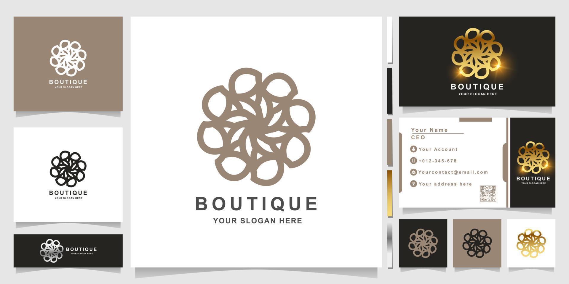 plantilla de logotipo de flor, boutique o adorno con diseño de tarjeta de visita. se puede usar diseño de logo de spa, salón, belleza o boutique. vector