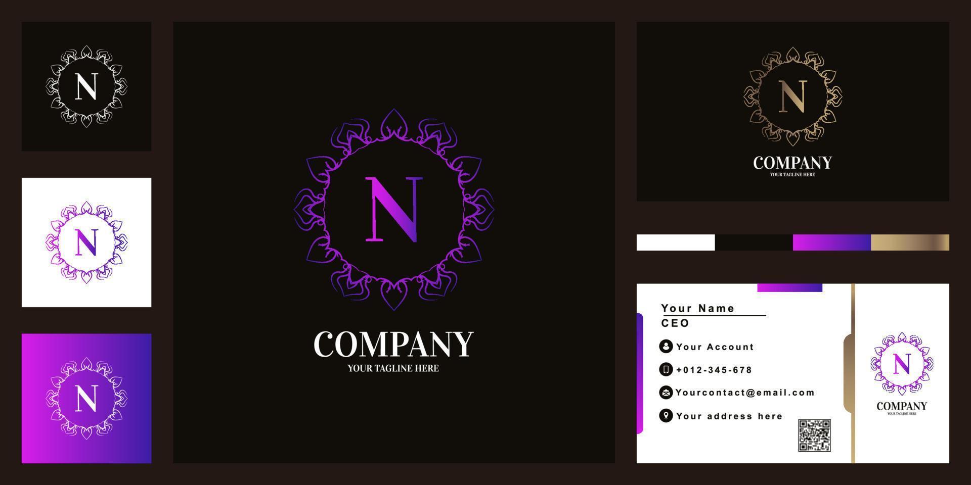 Letter N luxury ornament flower frame logo template design with business card. vector