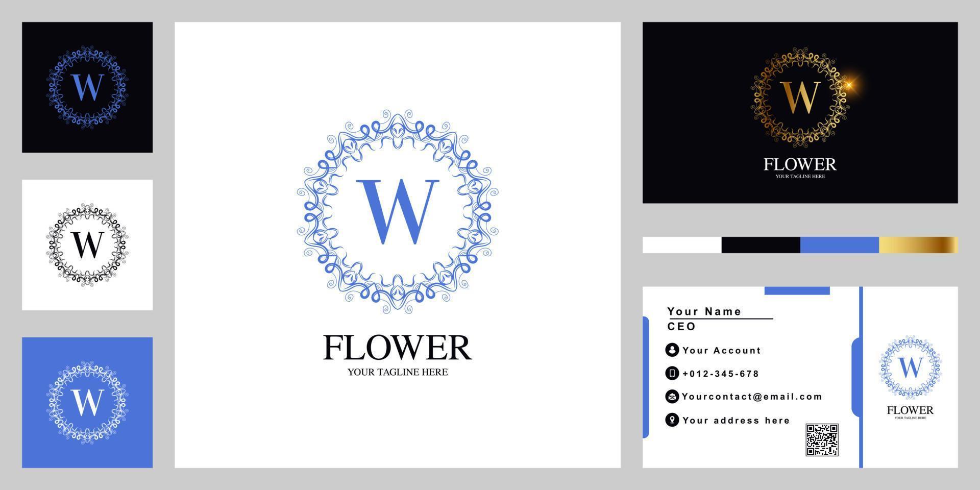 Letter W luxury ornament flower or mandala frame logo template design with business card. vector