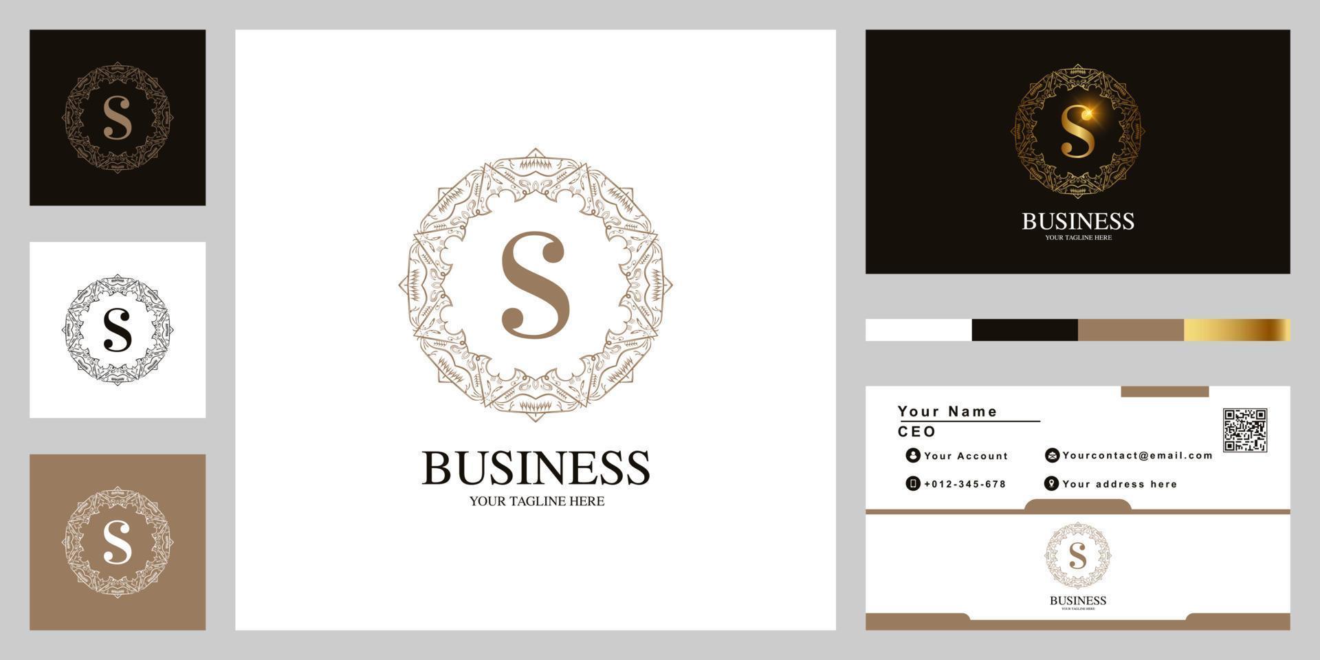 Letter S ornament flower frame logo template design with business card. vector