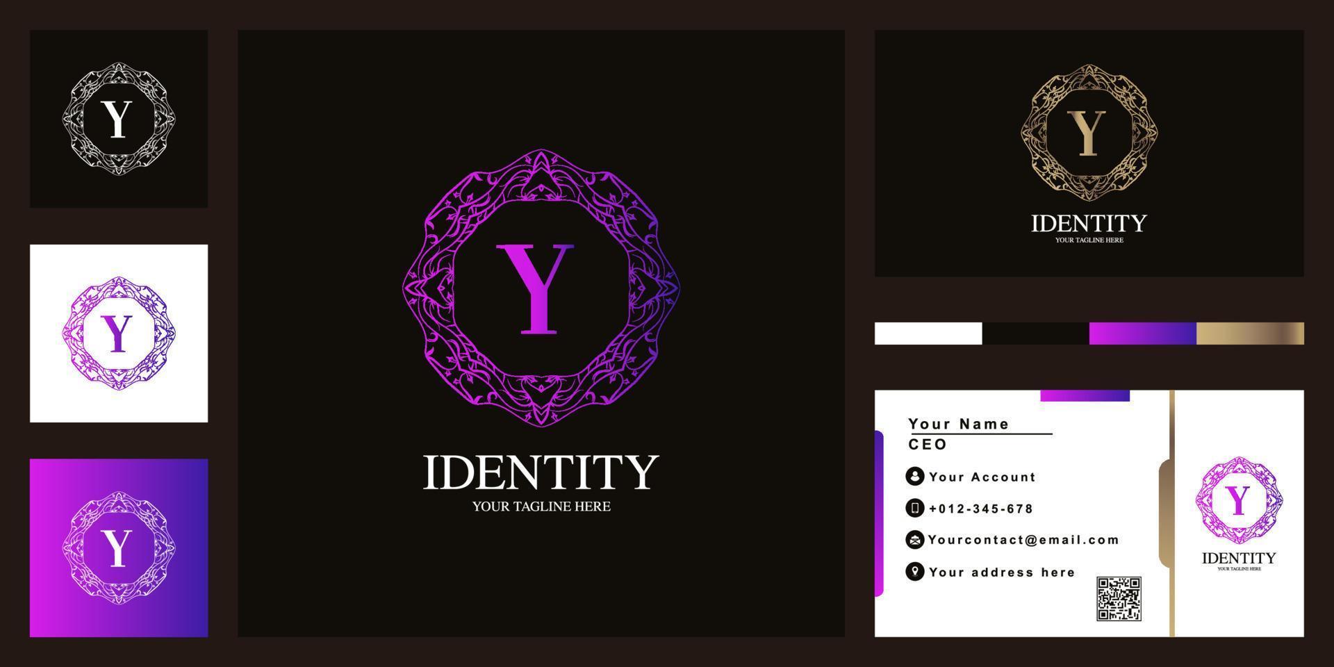Letter Y luxury ornament flower frame logo template design with business card. vector