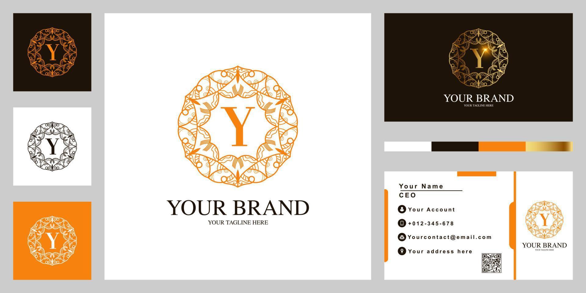 Letter Y luxury ornament flower frame logo template design with business card. vector