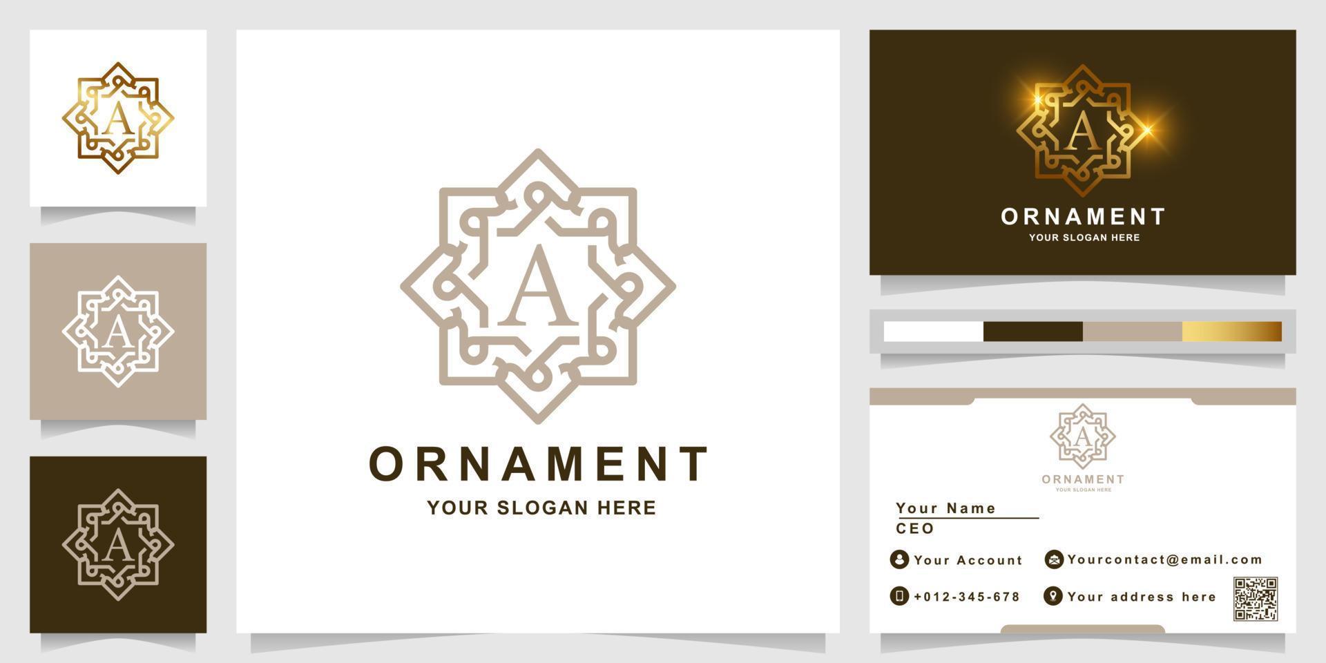 Letter A luxury ornament frame logo template with business card design. vector