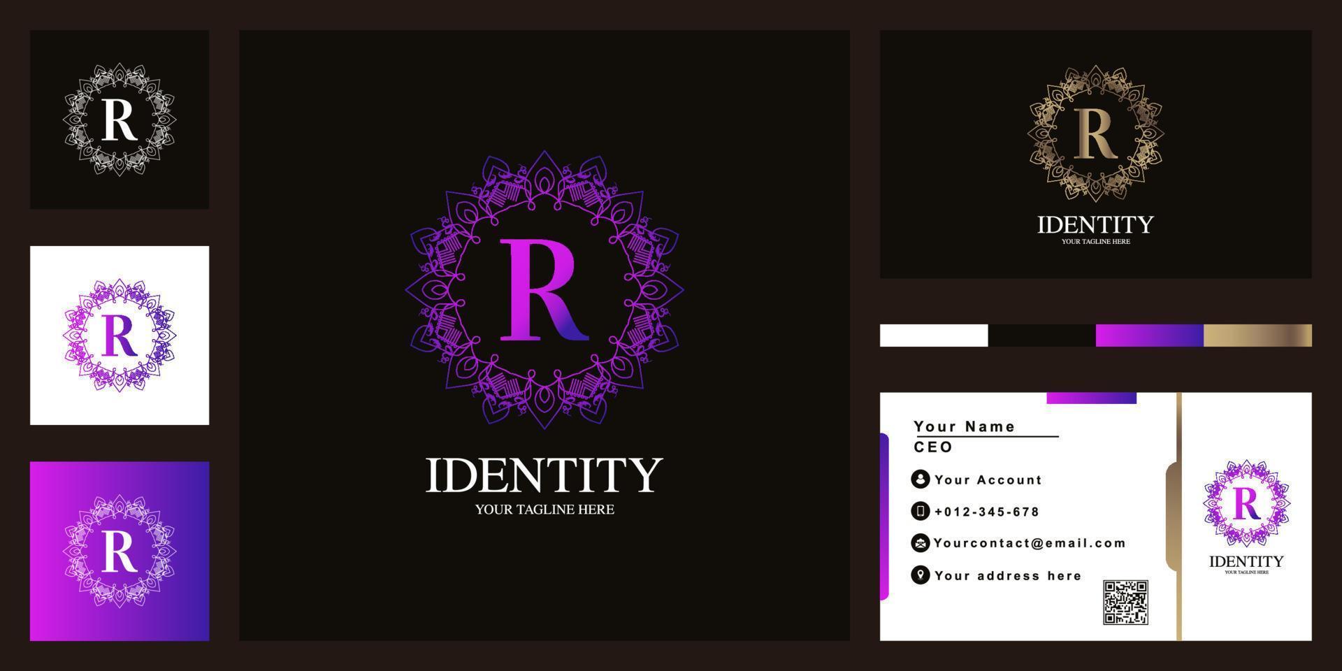 diseño de plantilla de logotipo de marco de flor de adorno de lujo de letra r con tarjeta de visita. vector