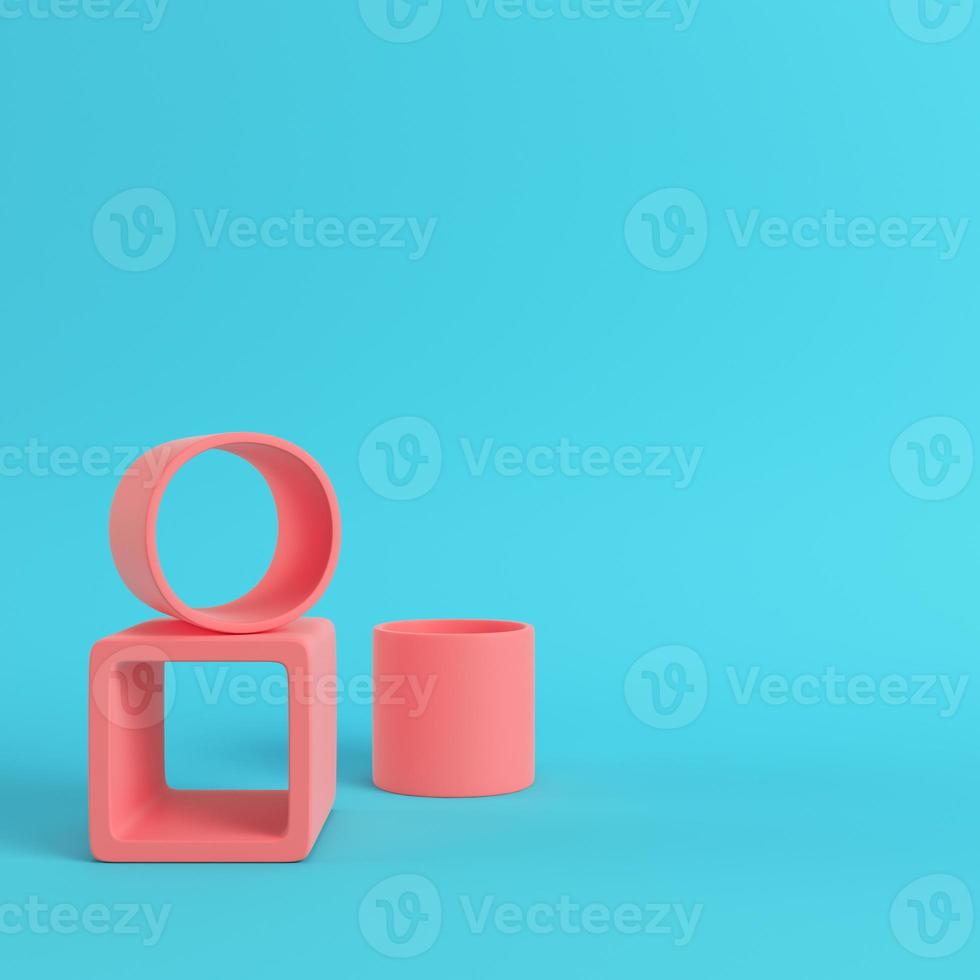 Empty display stand on bright blue background in pastel colors with copy space photo