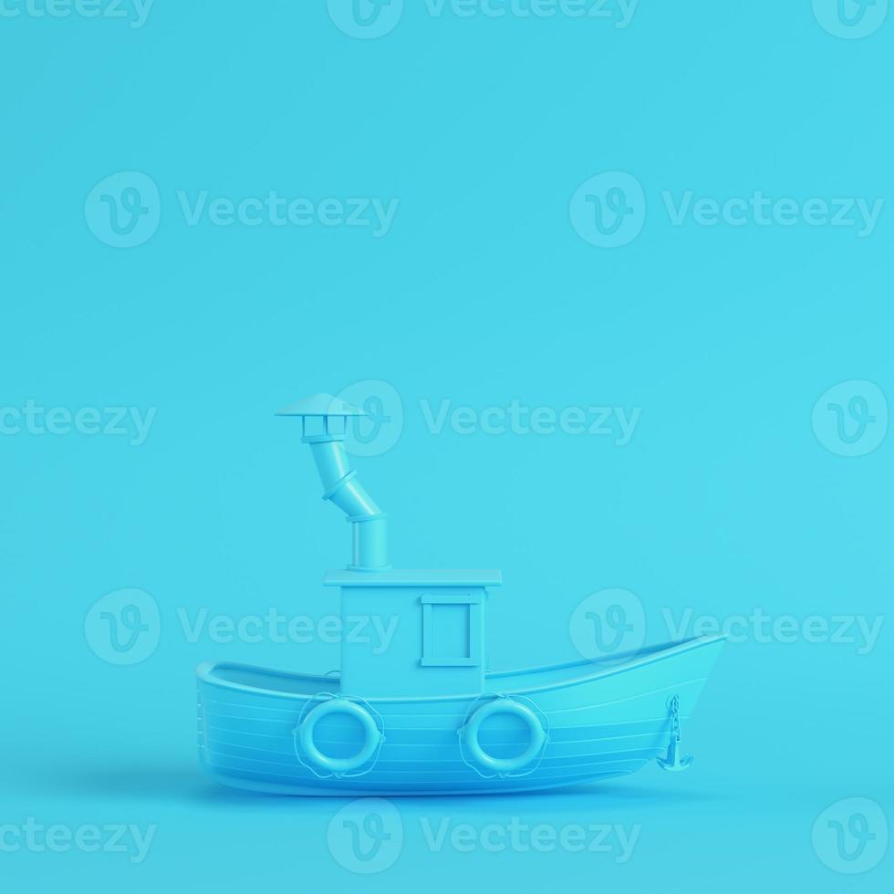Fishing boat on bright blue background in pastel colors photo