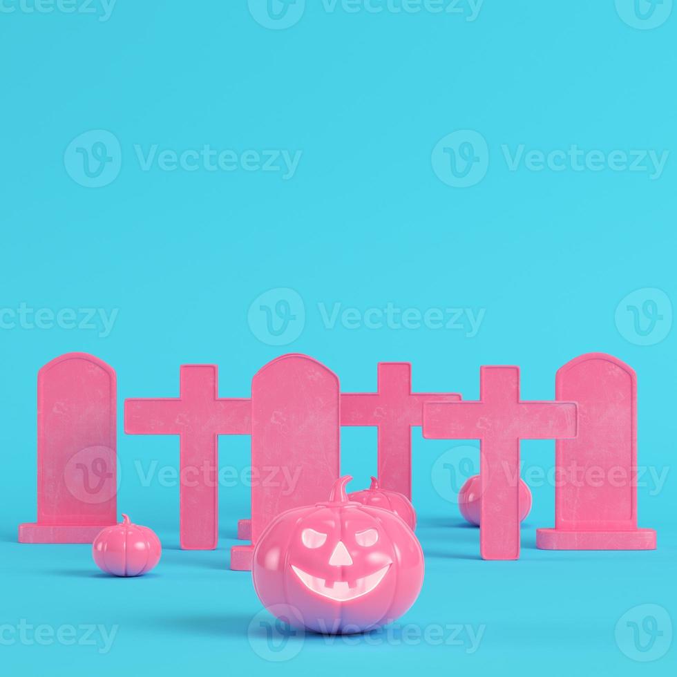 Pink halloween pumpkins with crosses and gravestones on bright blue background in pastel colors. Minimalism concept photo