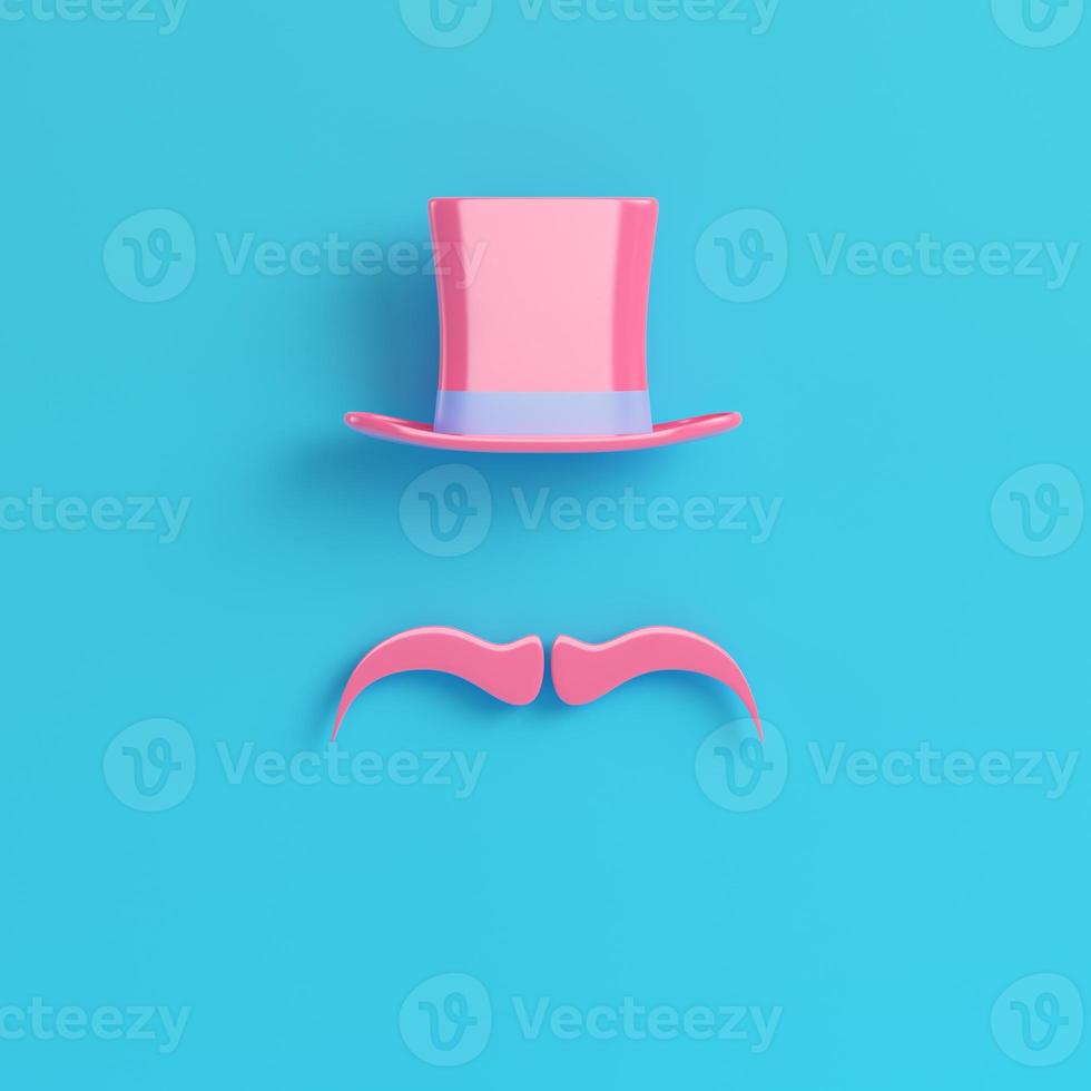 Pink cylinder hat with fake mustache on bright blue background in pastel colors photo