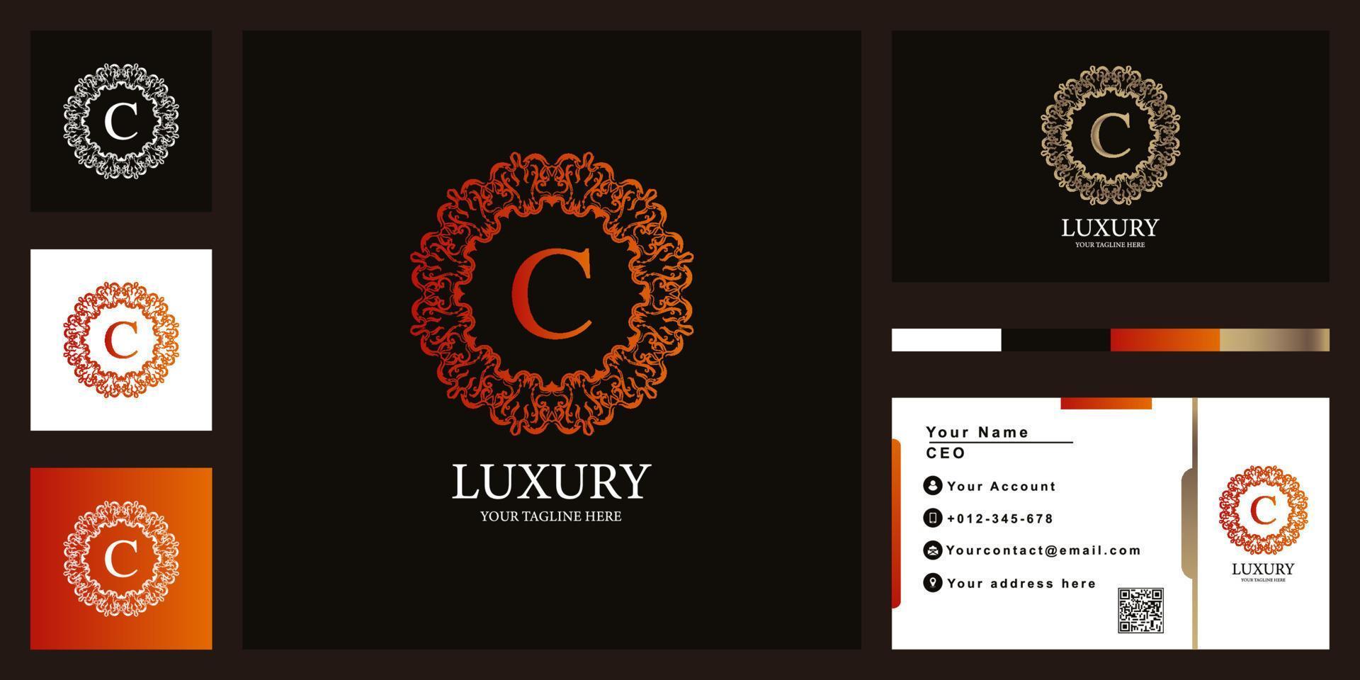 Letter C luxury ornament flower frame logo template design with business card. vector