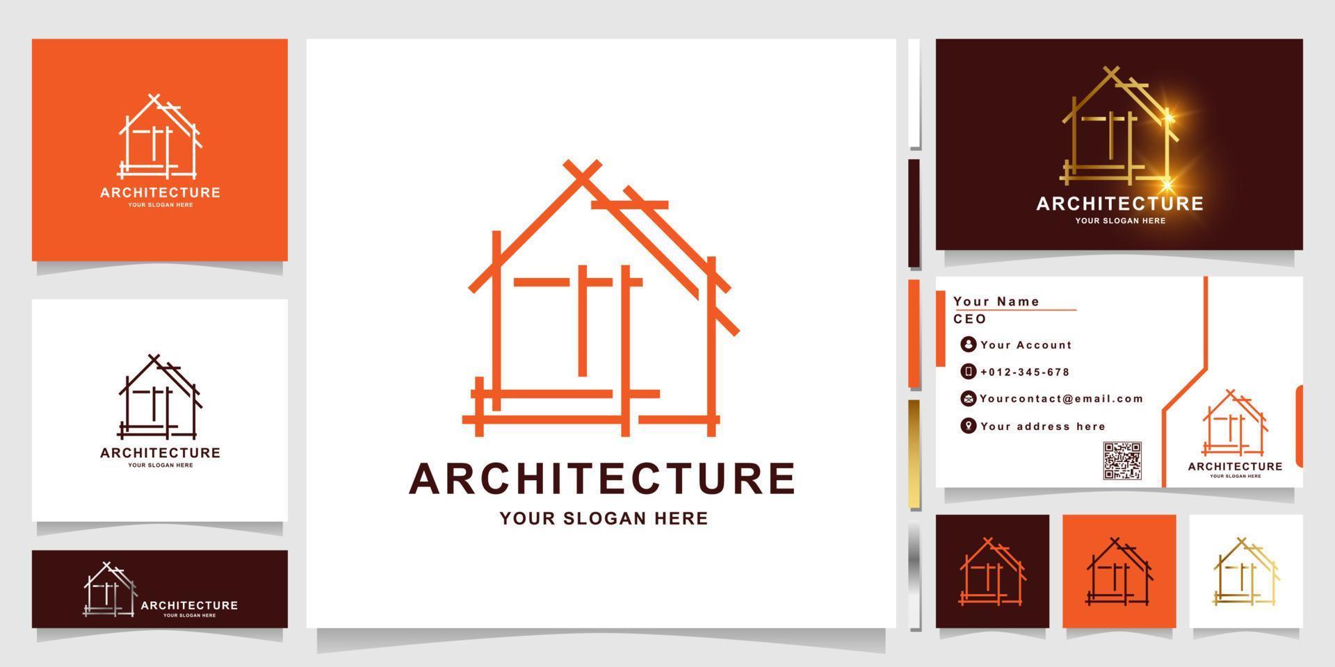 construcción de línea minimalista, arquitectura del hogar o plantilla de logotipo inmobiliario con diseño de tarjeta de visita vector