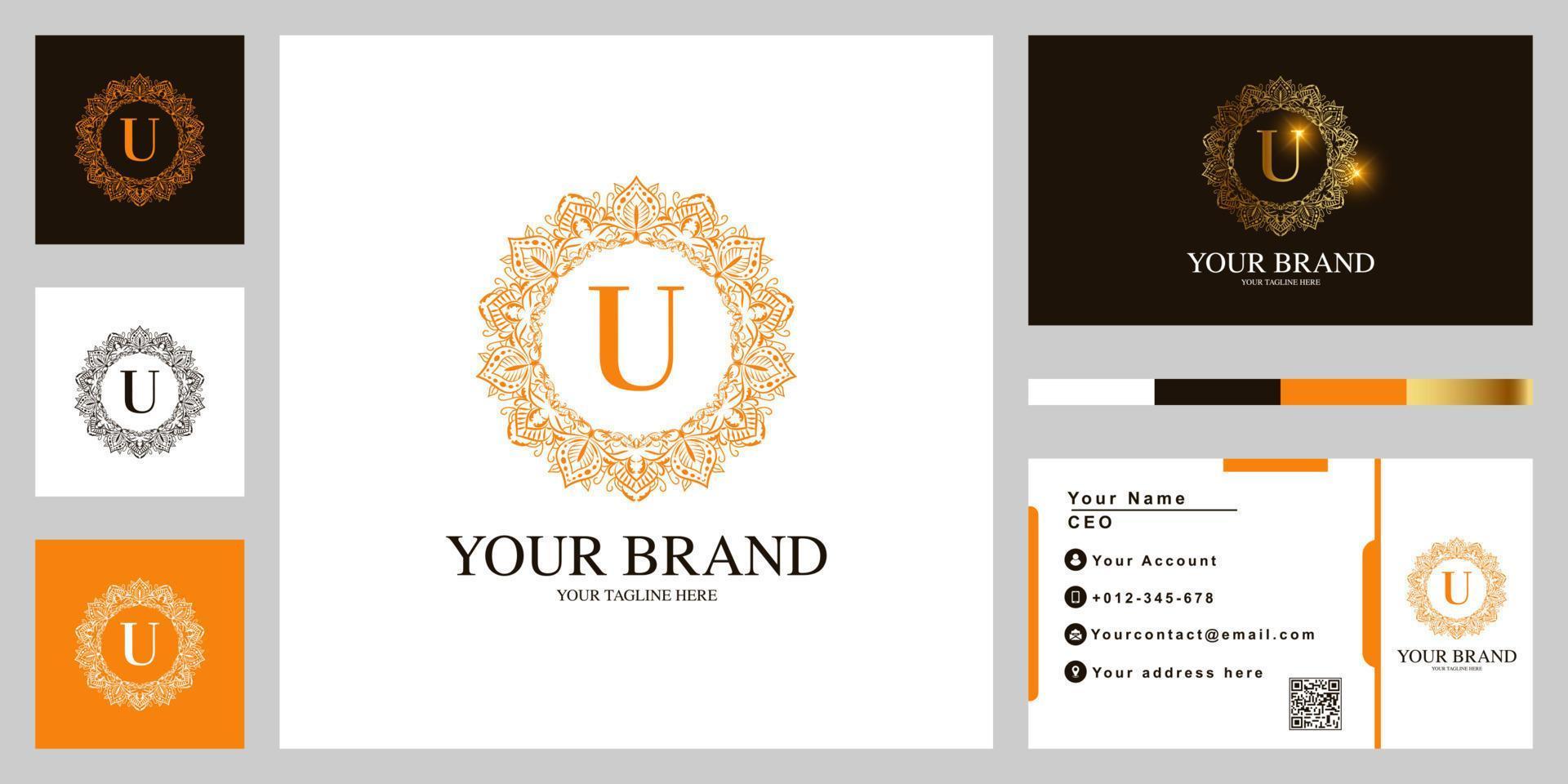 Letter U luxury ornament flower frame logo template design with business card. vector