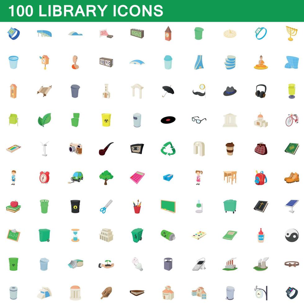 100 library icons set, cartoon style vector