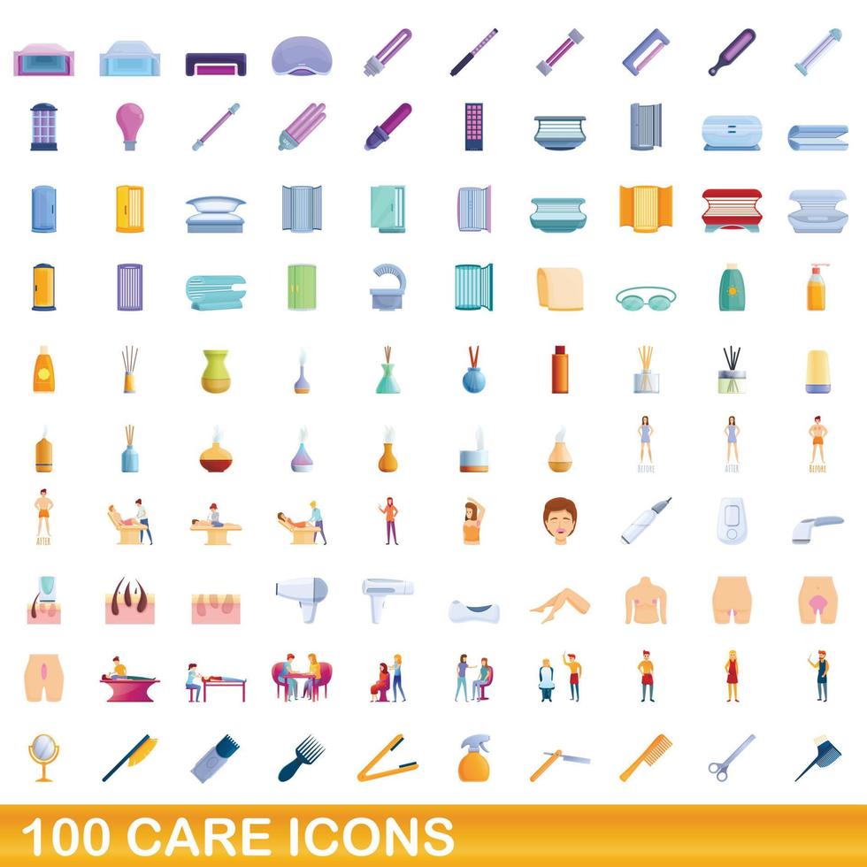 100 iconos de cuidado, estilo de dibujos animados vector