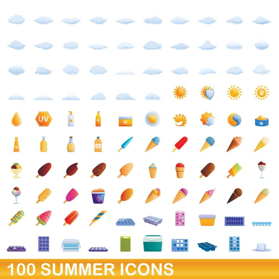 100 summer icons set, cartoon style vector