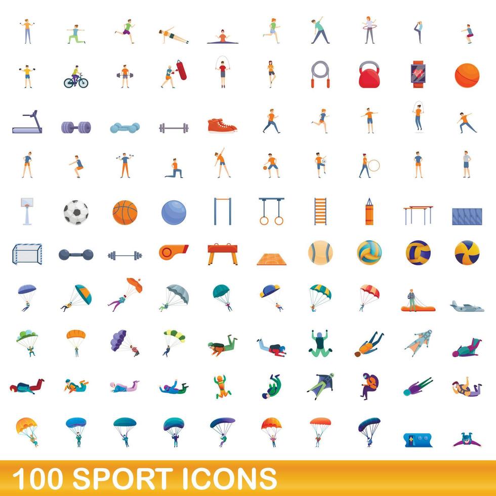 100 iconos deportivos, estilo de dibujos animados vector