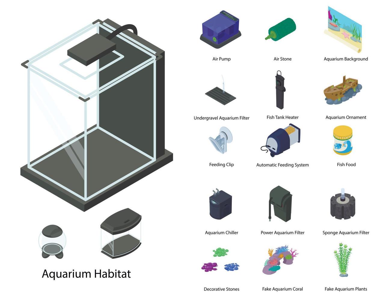 Aquarium icons set, isometric style vector