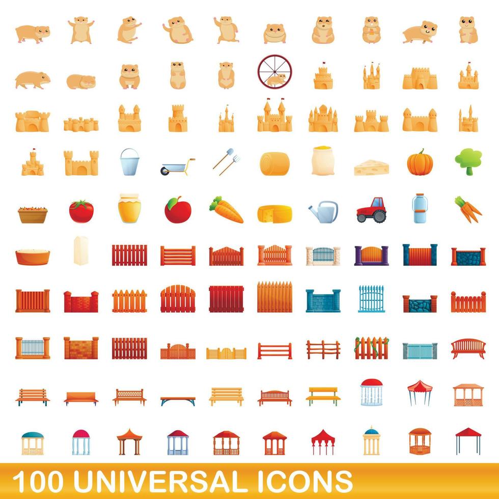 100 iconos universales, estilo de dibujos animados vector