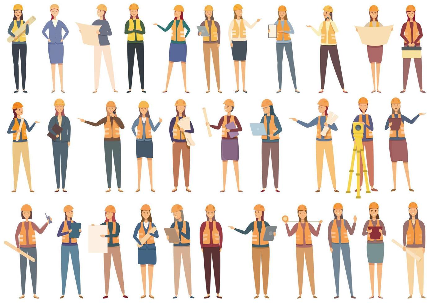 Female construction engineer icons set cartoon vector. Architect worker vector