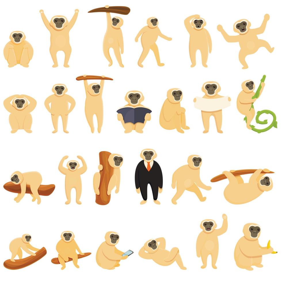 Gibbon icons set, cartoon style vector