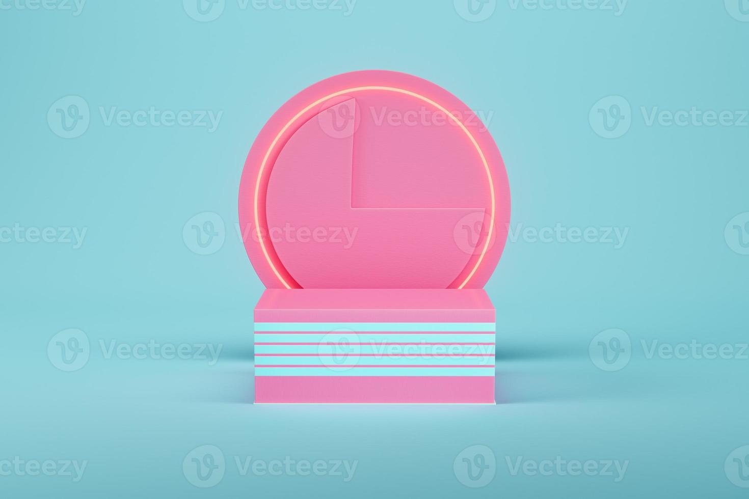 Pink pedestal with cylinder shape geometry and neon light on light blue background for product display photo