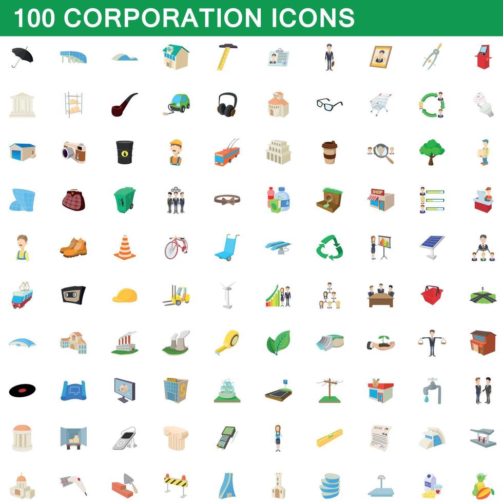 100 iconos corporativos, estilo de dibujos animados vector