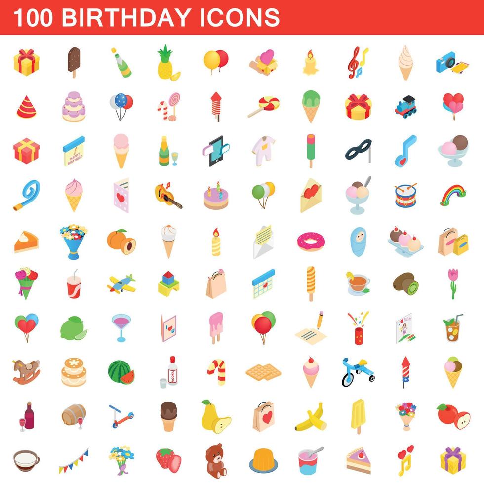 100 birthday icons set, isometric 3d style vector