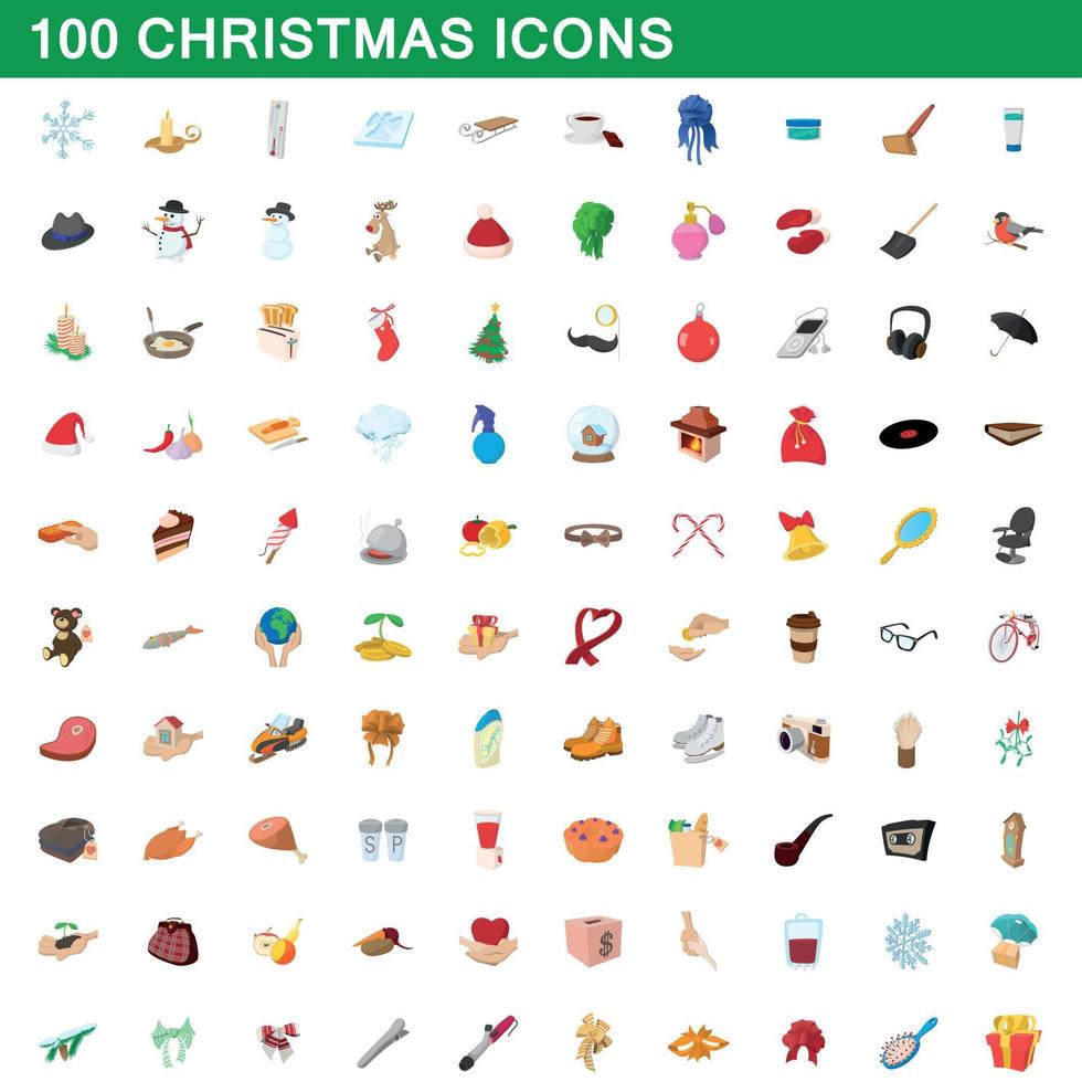 100 iconos de Navidad, estilo de dibujos animados vector