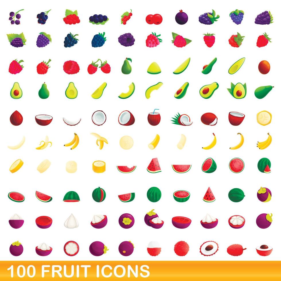 100 iconos de frutas, estilo de dibujos animados vector