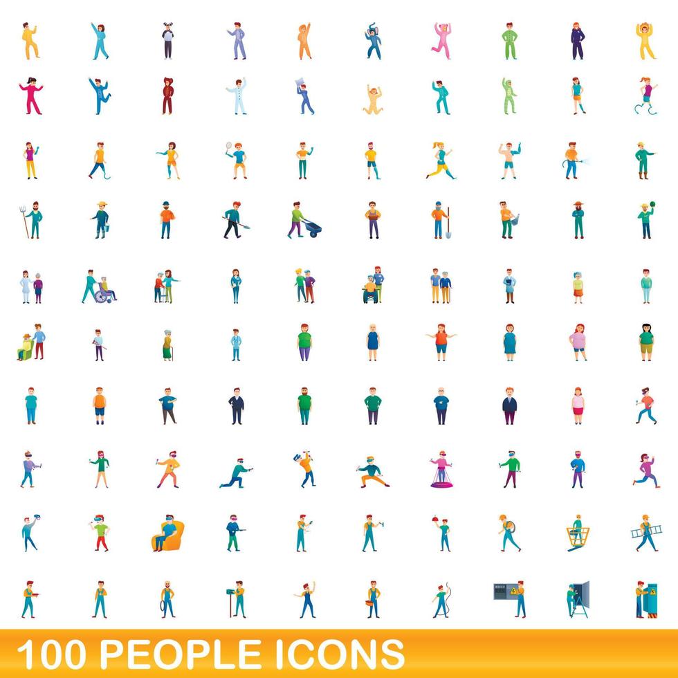 100 people icons set, cartoon style vector