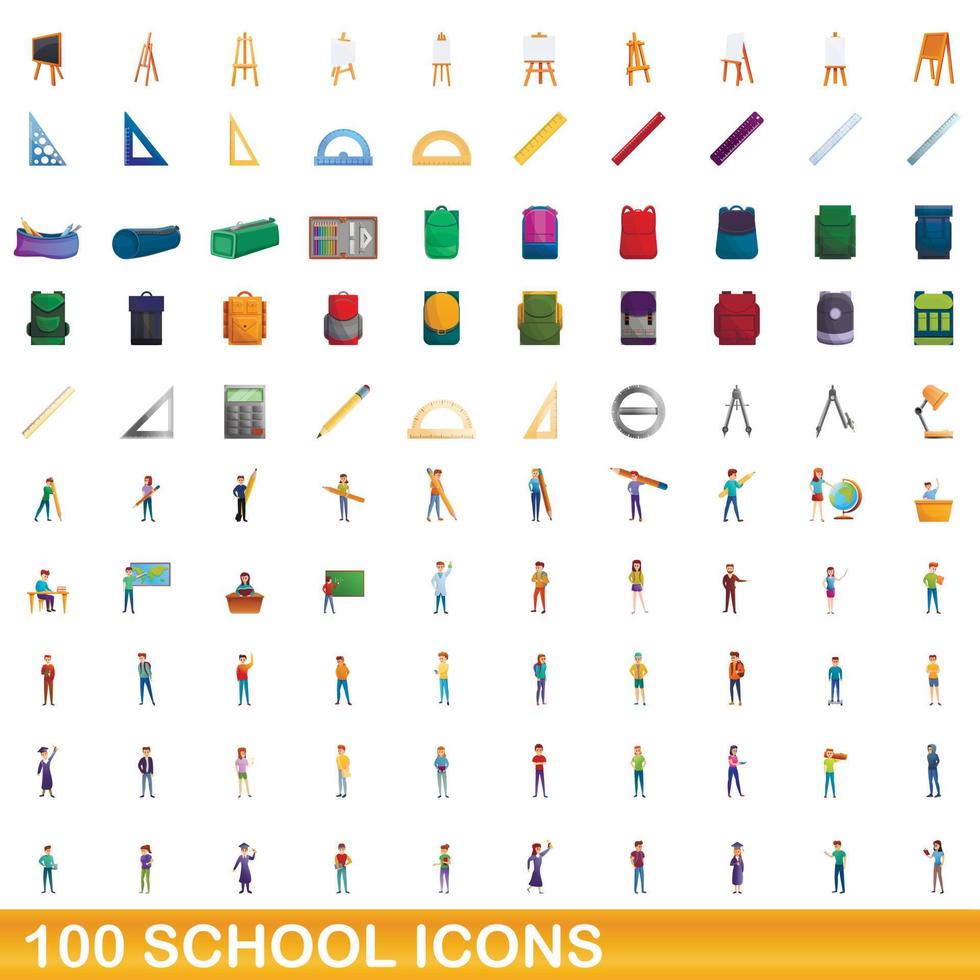 100 escuela, conjunto de iconos de estilo de dibujos animados vector