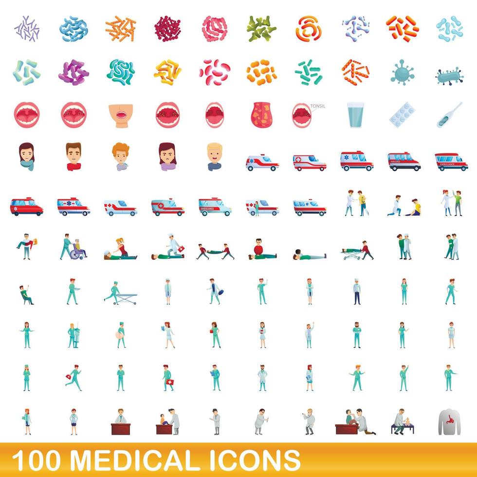 100 medical icons set, cartoon style vector