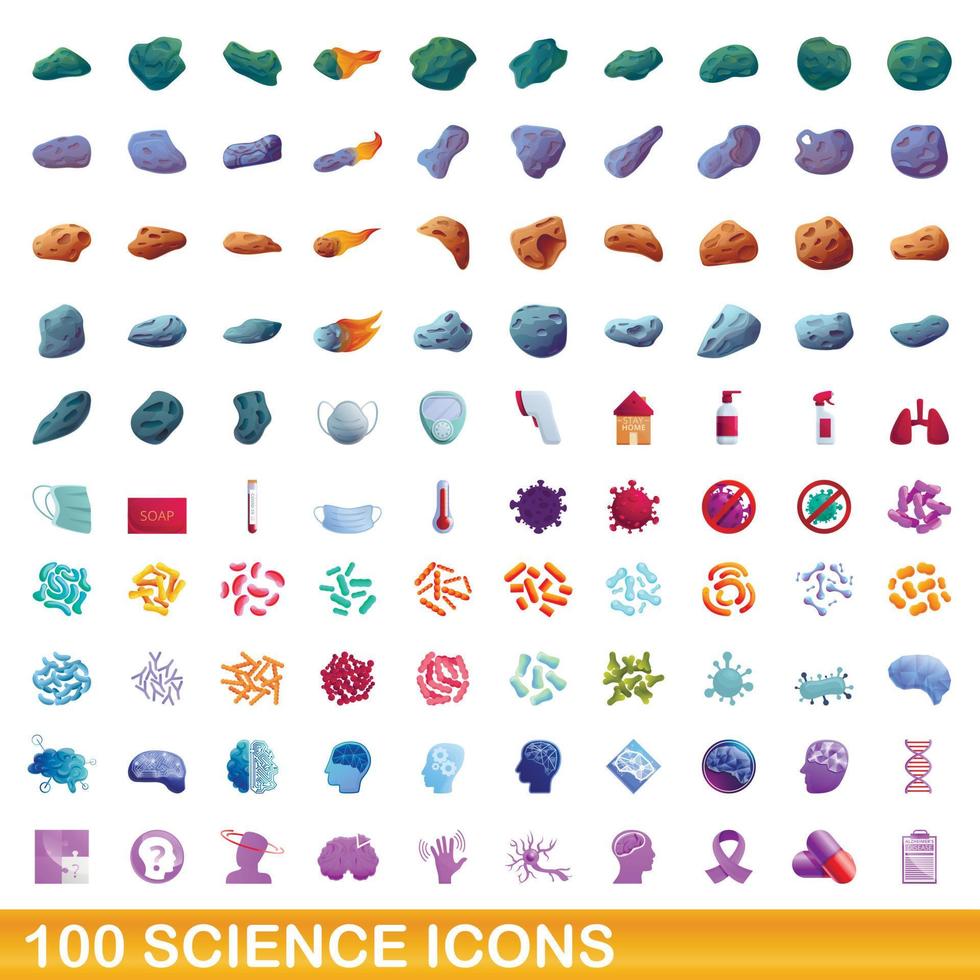 100 science icons set, cartoon style vector