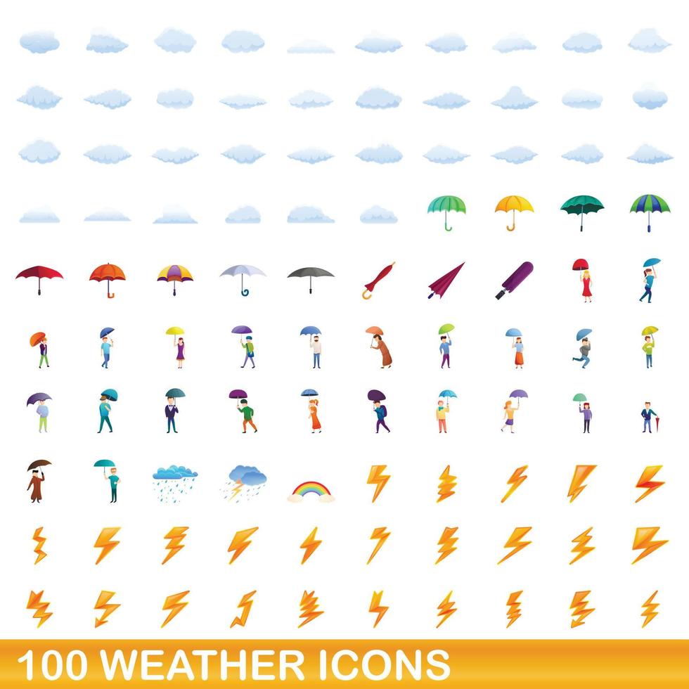 100 weather icons set, cartoon style vector
