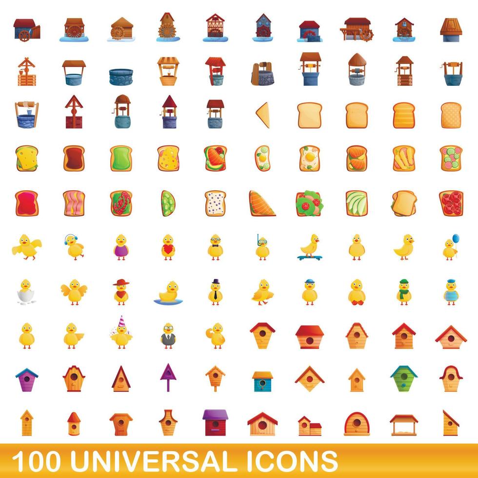 100 universal icons set, cartoon style vector