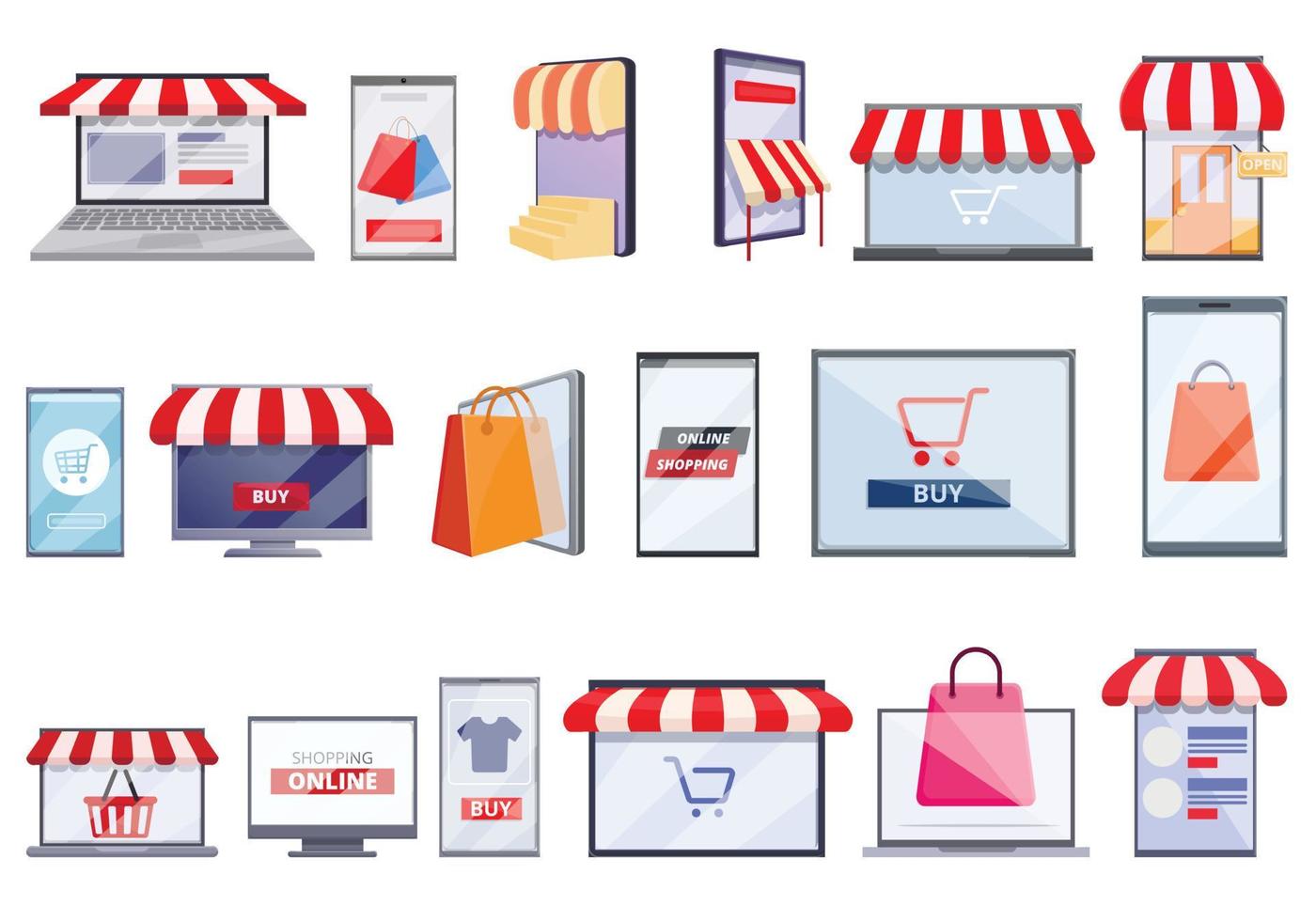 Online shopping icons set, cartoon style vector