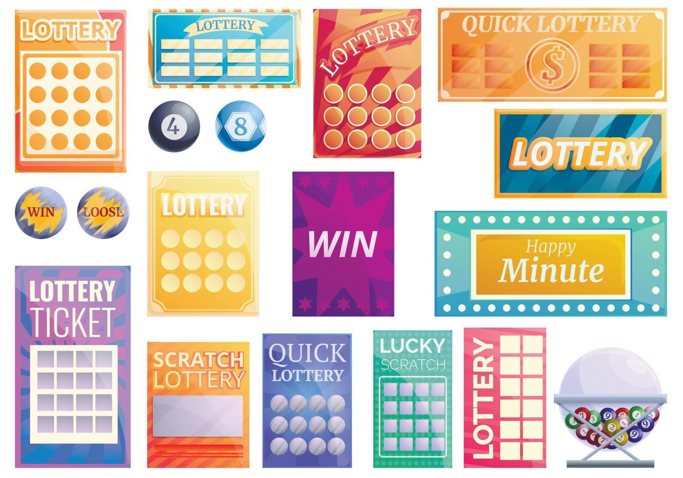 Lottery icons set, cartoon style vector