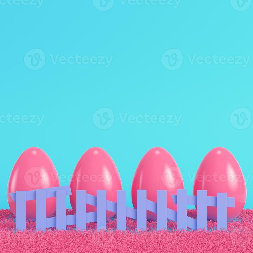 Pink easter eggs behind the fence on bright blue background in pastel colors photo