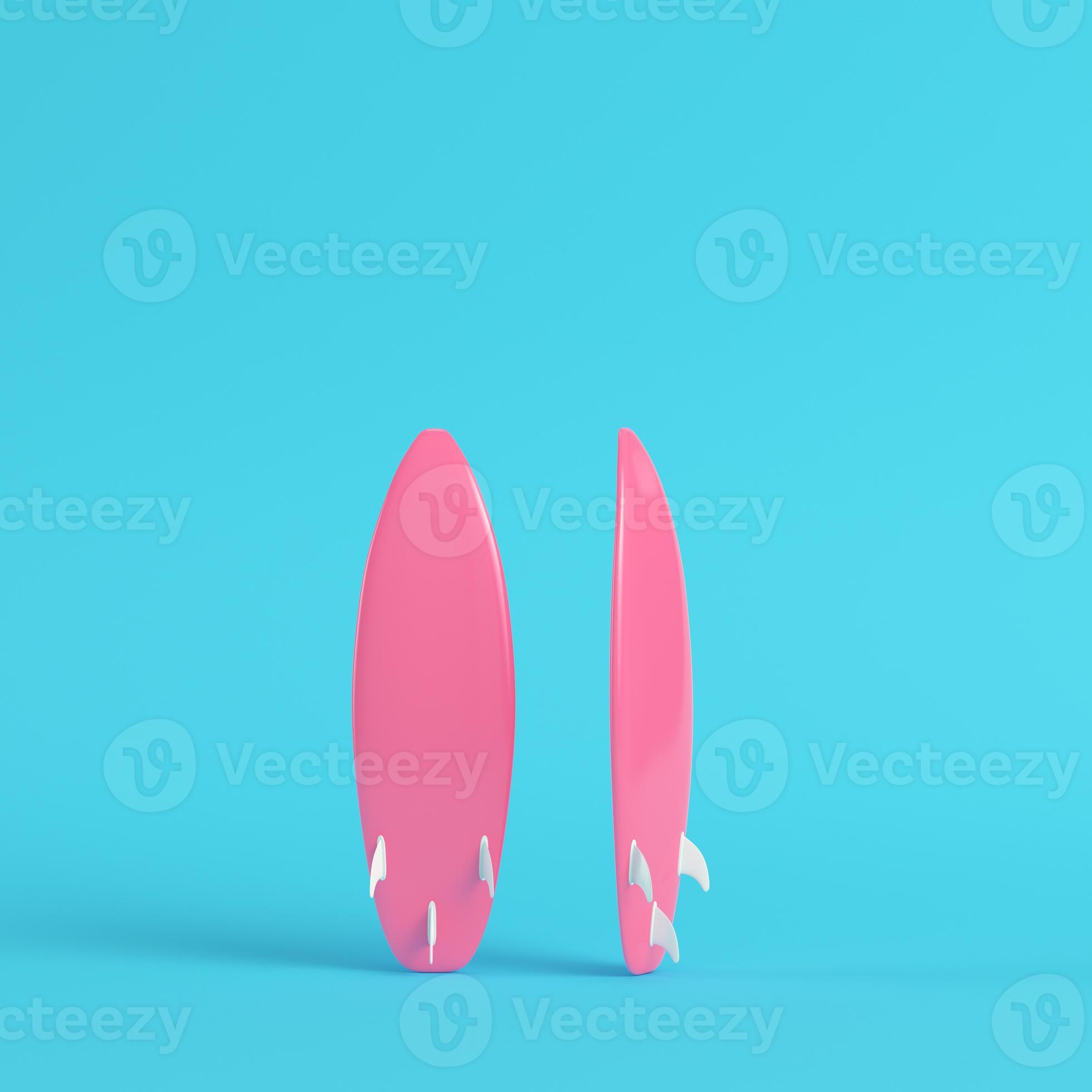 Pink surfboard on bright blue background in pastel colors. Minimalism