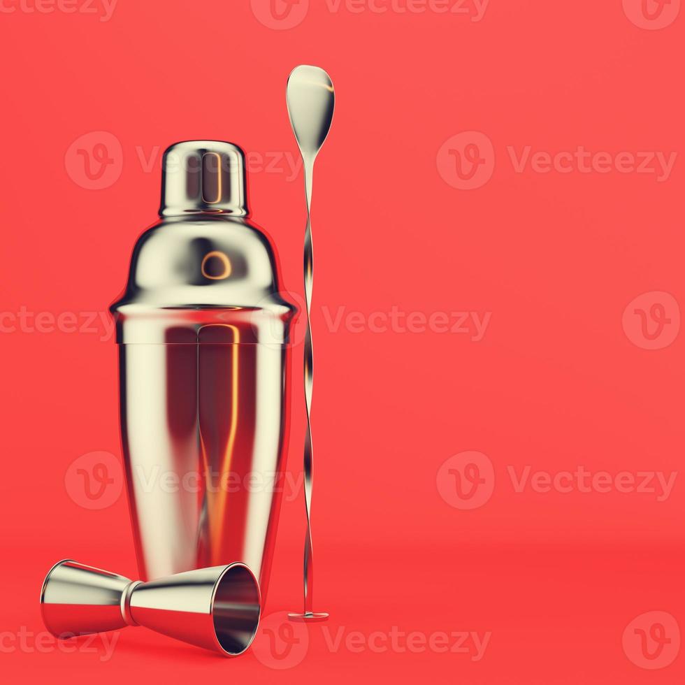 Shaker, jigger and bar spoon on red background. 3d render photo