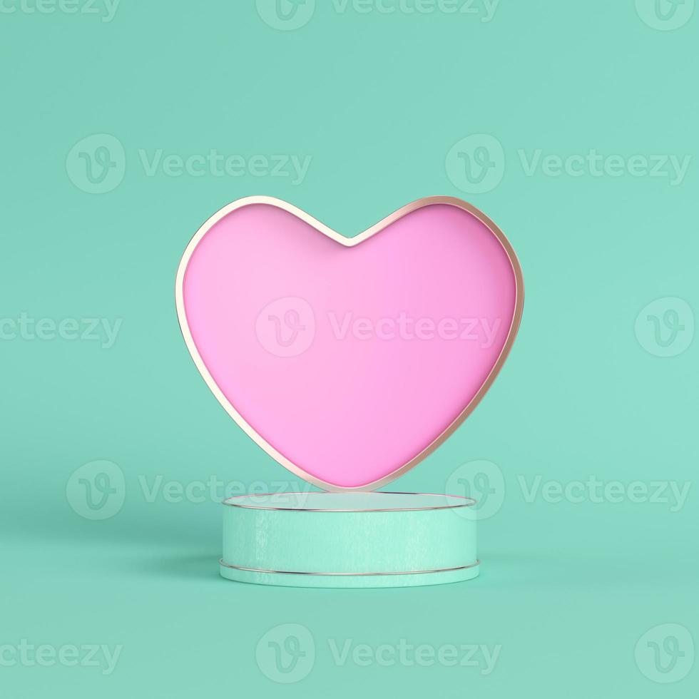 Pink heart in metal frame with cylindrical postament bright green background in pastel colors. photo