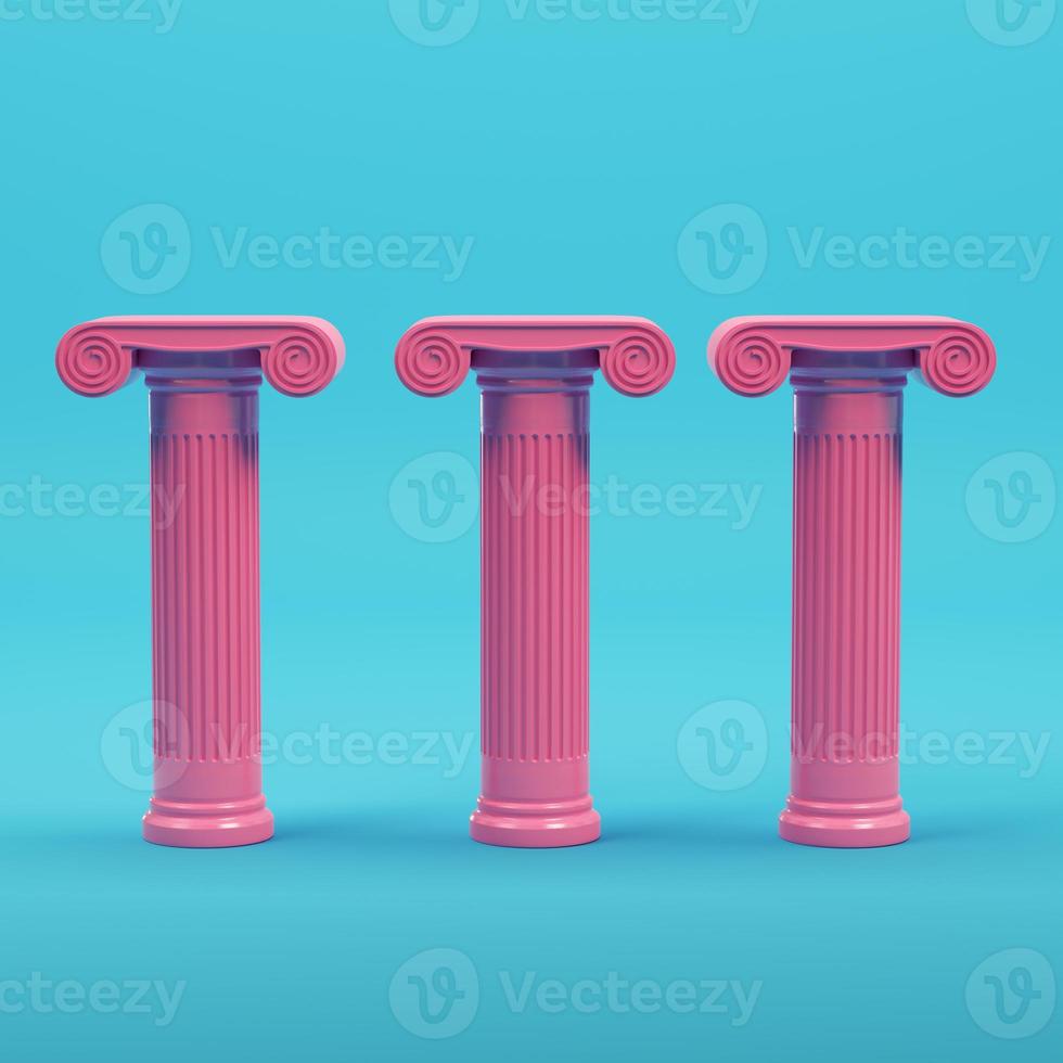 Pink three ancient columns on bright blue background in pastel colors photo