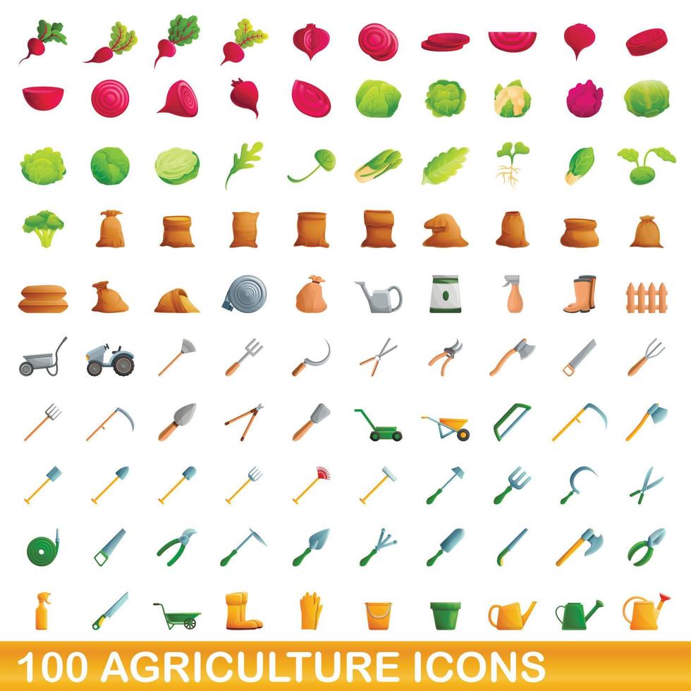 100 agricultura, conjunto de iconos de estilo de dibujos animados vector